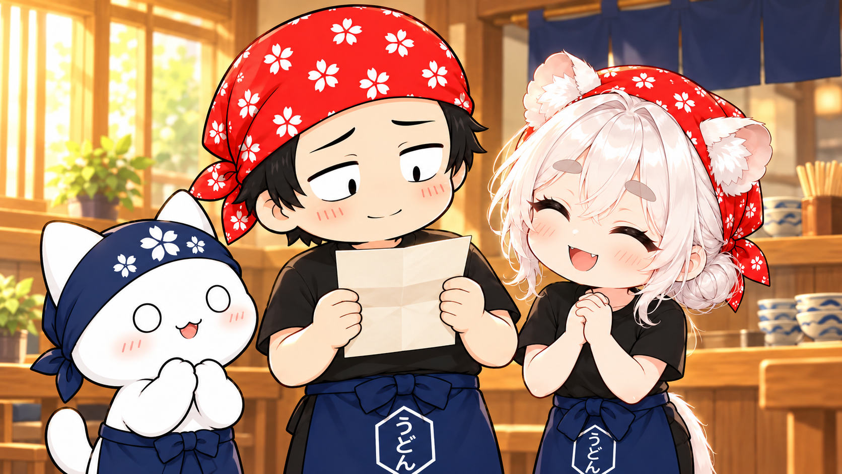 手紙を手にしてほほえむうどん店長と、そばで喜ぶバイト猫とソルのカラーイラスト。