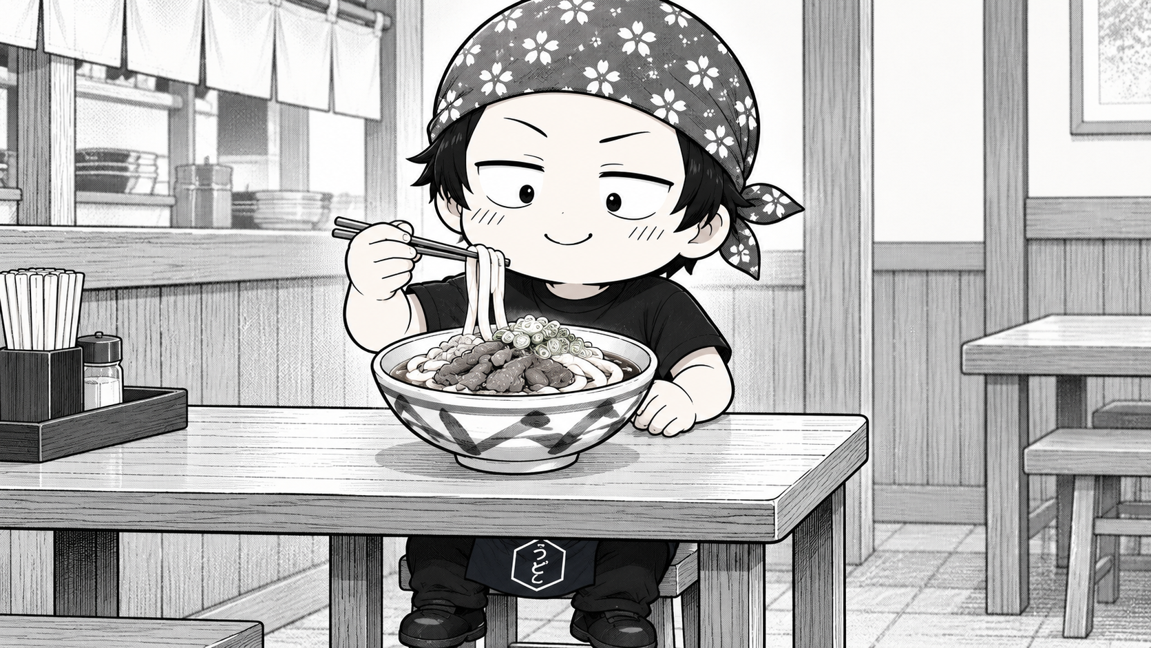 お店のテーブルで、箸でうどんを持ち上げて楽しむうどん店長の白黒イラスト。