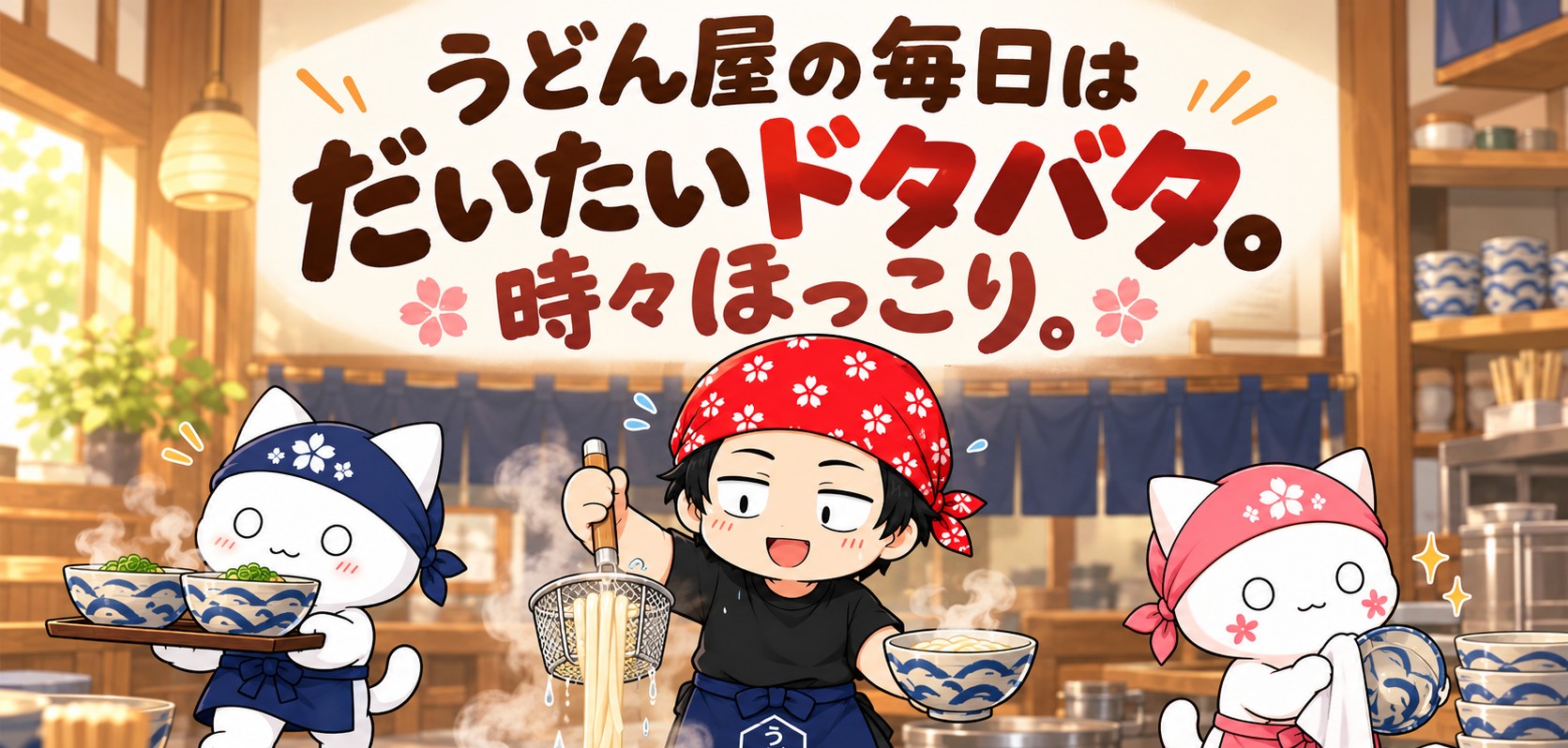 うどん屋の毎日はだいたいドタバタ。時々ほっこり。店長とバイト猫たちがうどん屋で働くイラスト。