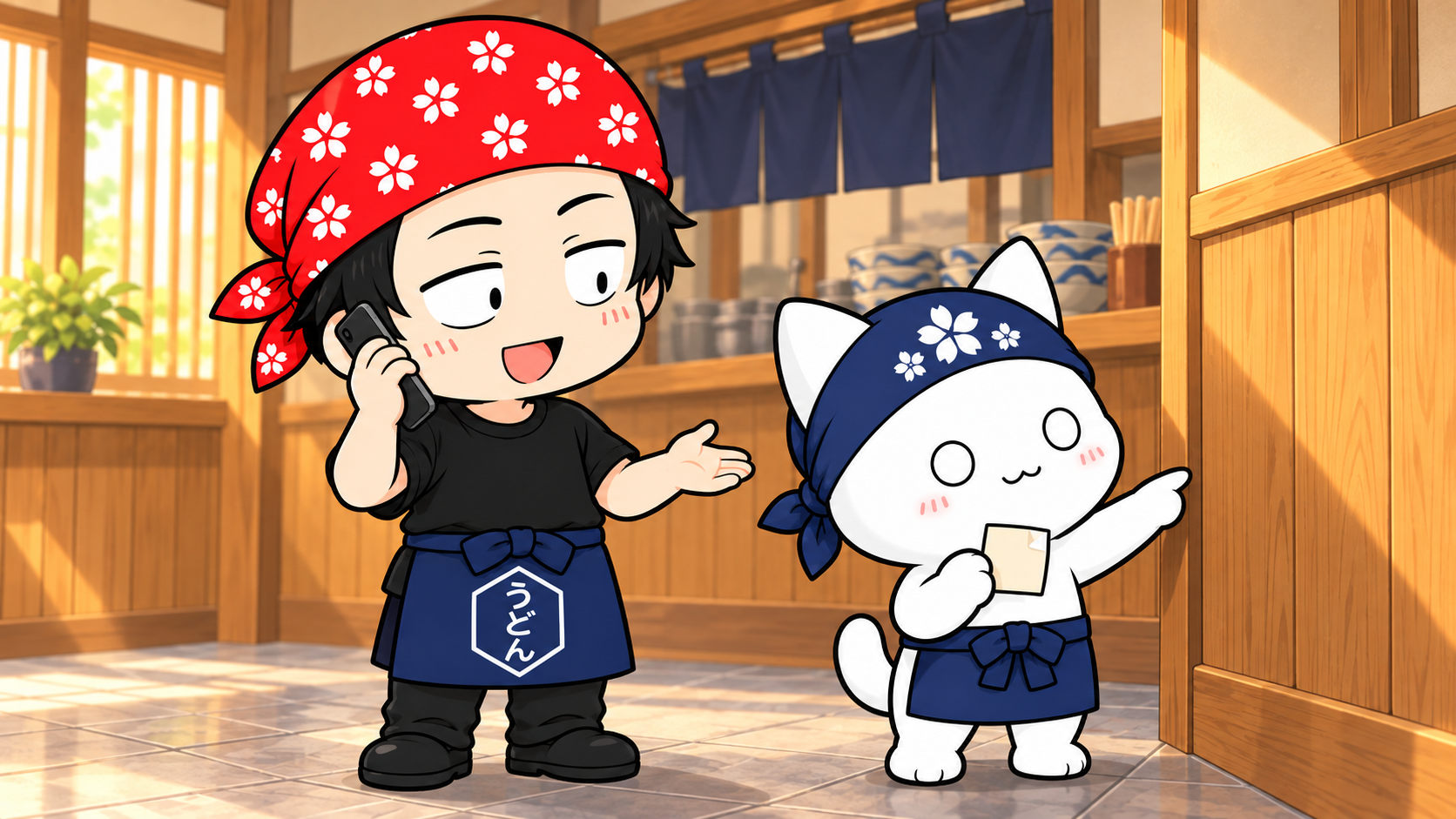 うどん屋の店内で、電話をするうどん店長と、ステッカーの貼り場所を考えるバイト猫のイラスト。