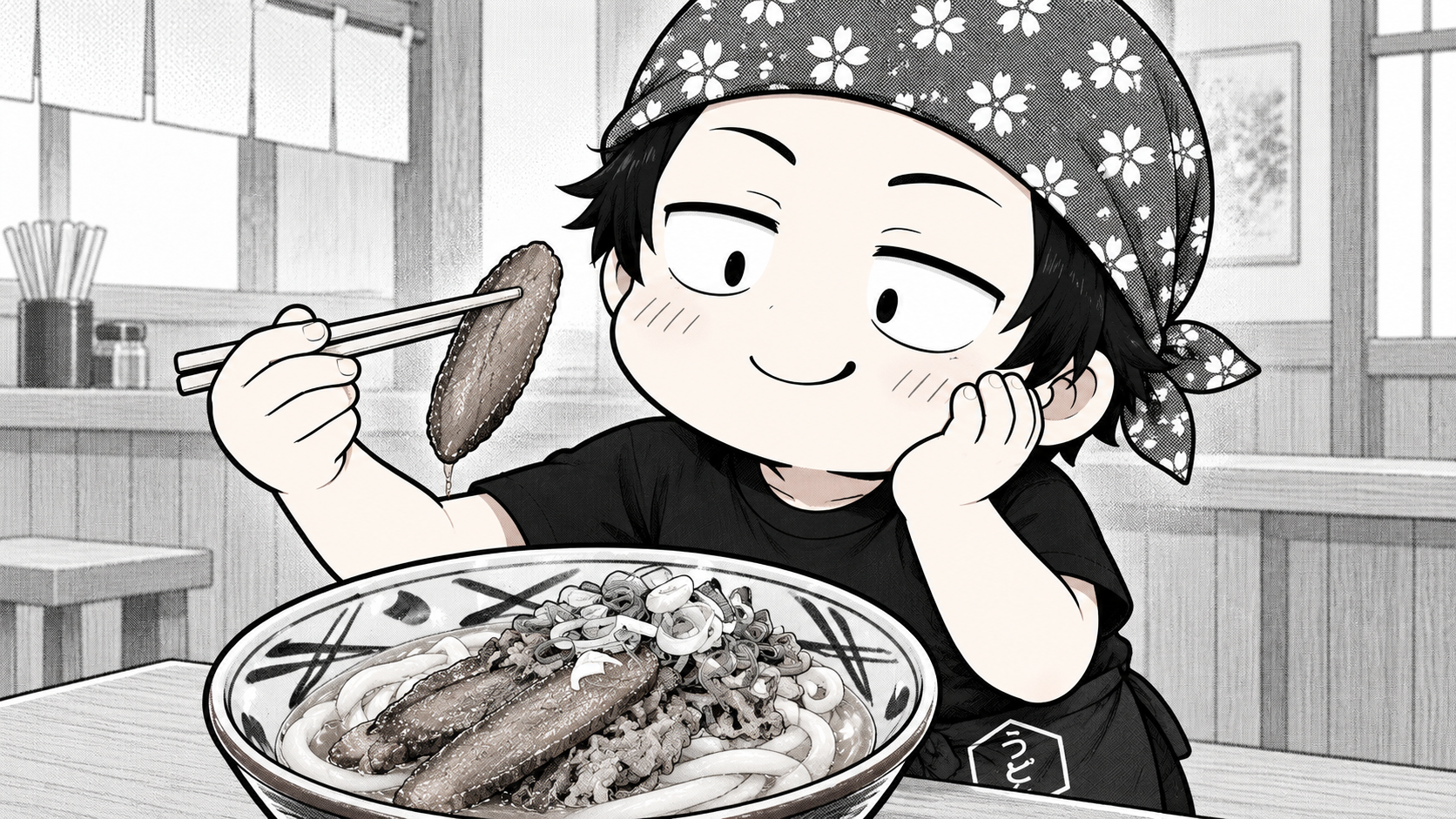 ごぼうの一切れを箸で持ち、おいしさに感心するうどん店長の白黒イラスト。
