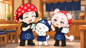 笑顔の店長とバイト猫、ソルさん