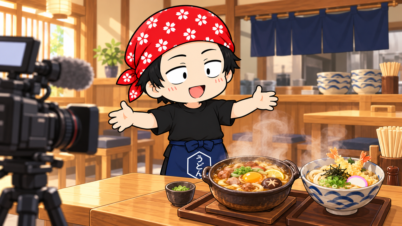 取材カメラと料理を前に笑顔で両手を広げるうどん店長