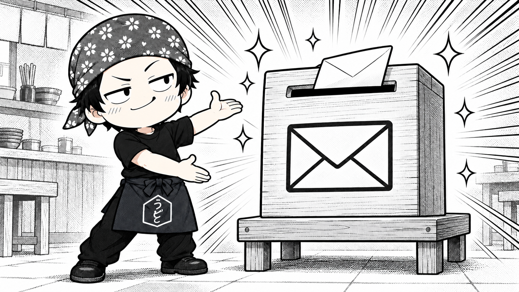 得意げなドヤ顔で、大きなおたより箱を両手で紹介するうどん店長の白黒イラスト。