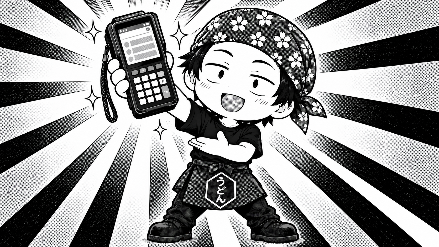 放射状の背景の前で、注文用のハンディを掲げて紹介する、ちびキャラのうどん店長の白黒イラスト。