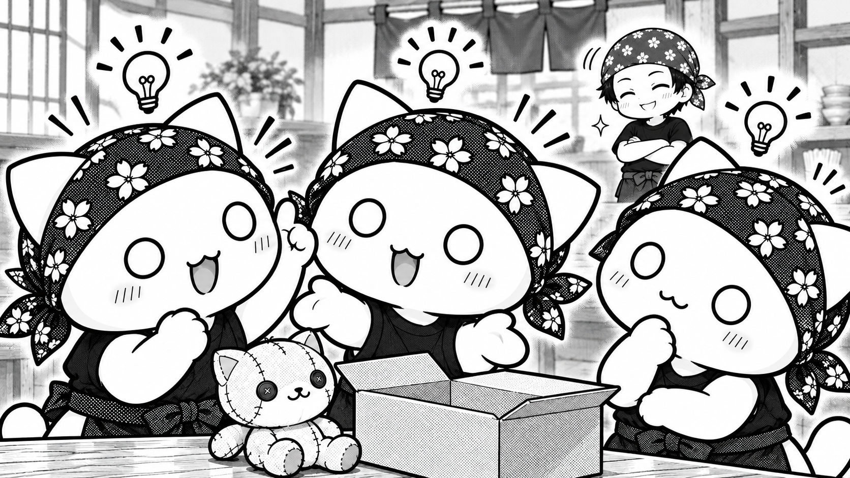 ぬいぐるみを届けるアイディアを相談する三匹のバイト猫と、奥で笑顔で見守るうどん店長の白黒イラスト。
