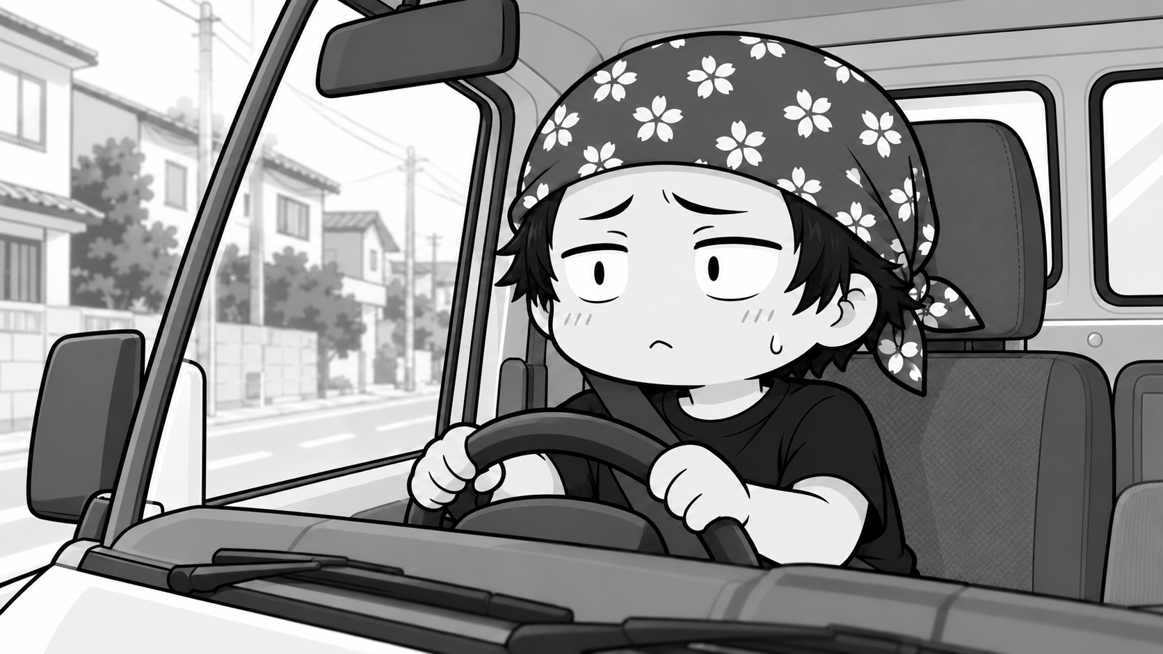 スタッフの様子を気にしながら、中津川店へ車を運転するうどん店長の白黒イラスト