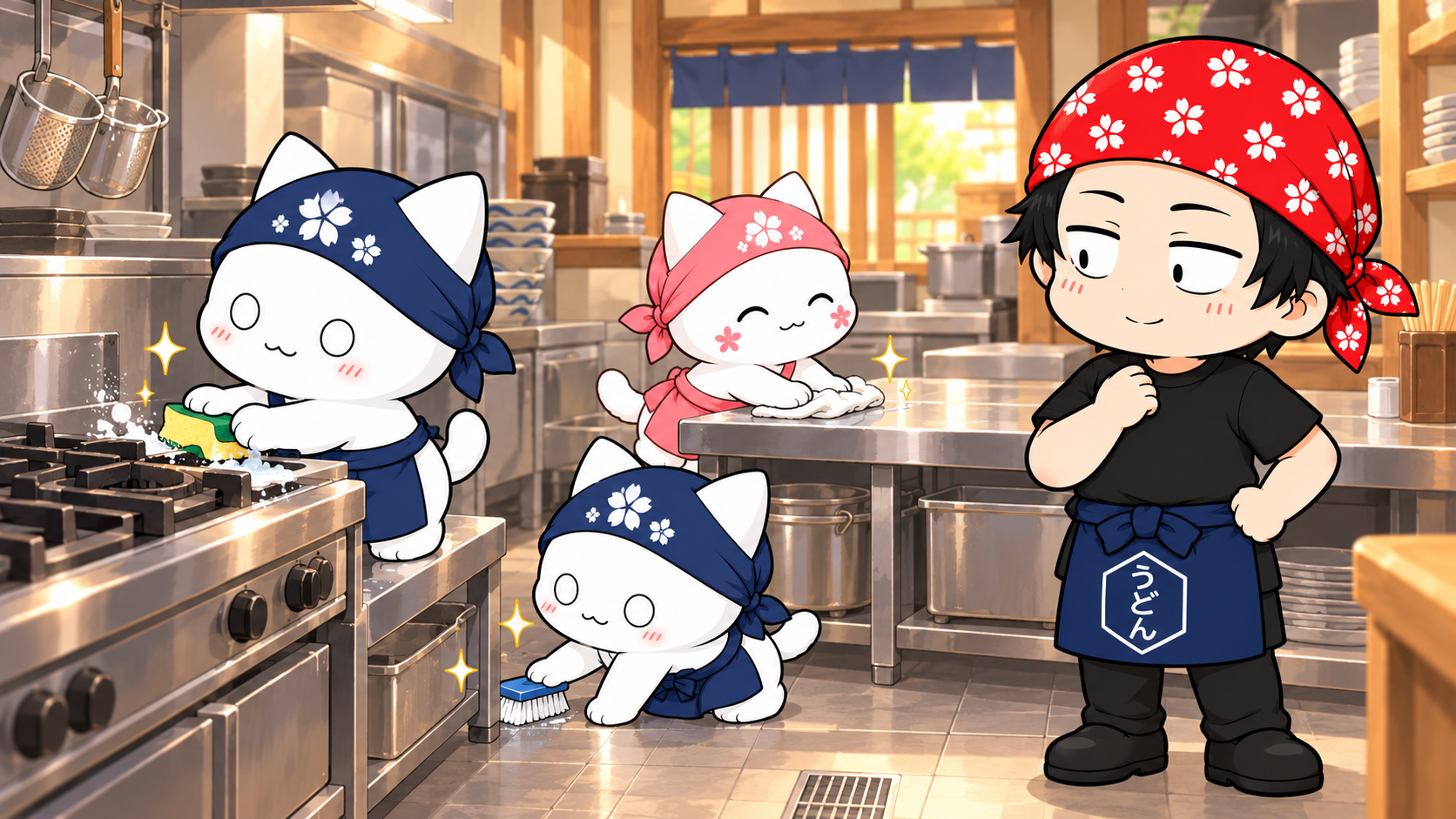 キッチンを掃除するバイト猫たちを、うどん店長が温かく見守るカラーイラスト