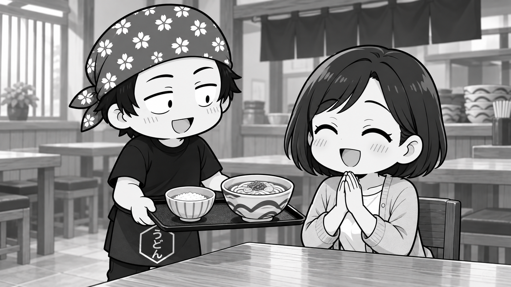 少なめのご飯とうどんのセットを運ぶ店長と、笑顔で迎えるお客様