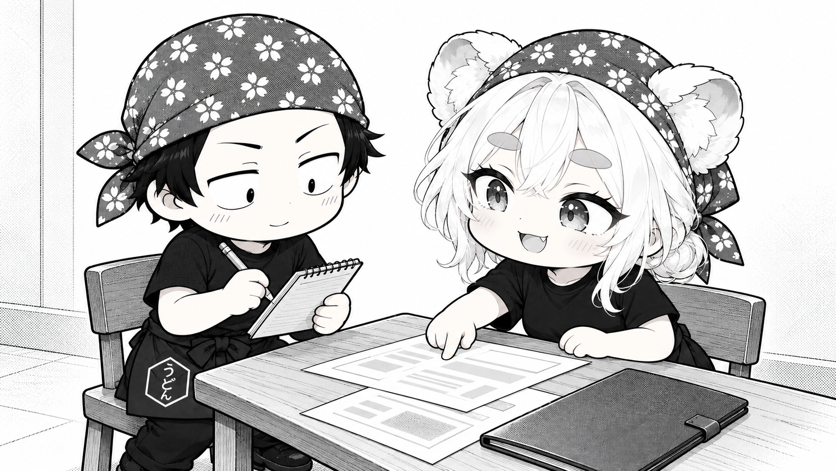 うどん店長とソルさんが一緒に資料を整理している白黒イラスト
