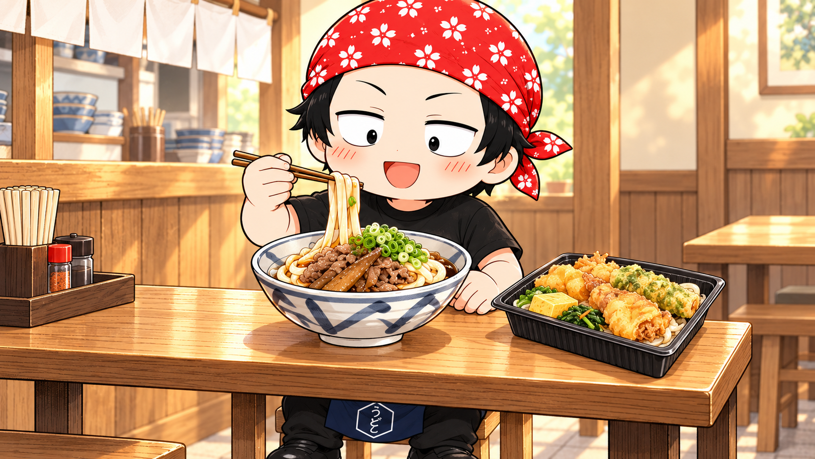 ごぼう肉うどんとお弁当を前に、笑顔でうどんを持ち上げるうどん店長のカラーイラスト。