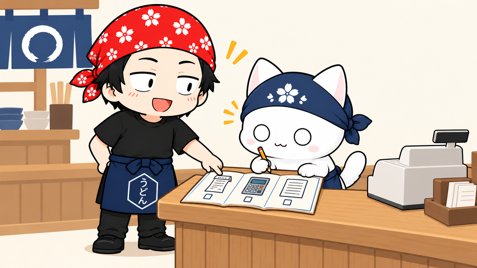 手順書を指し示しながら、バイト猫に日報とレジ締めの仕事を丁寧に教えるうどん店長