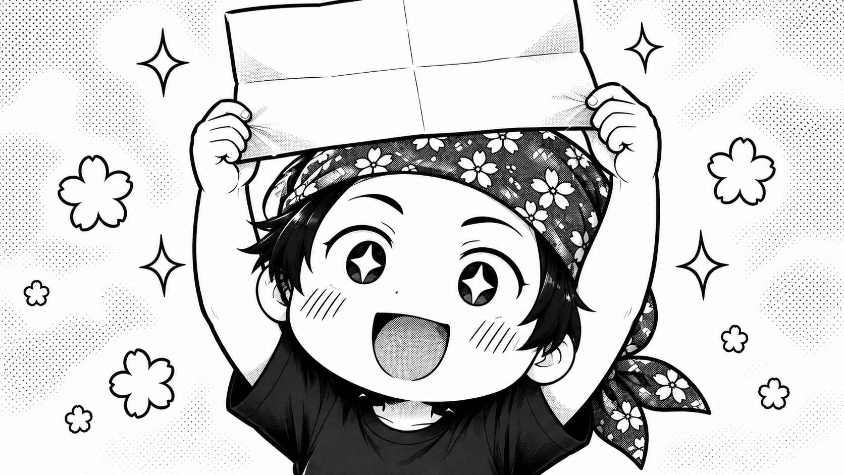 目を輝かせながら手紙を頭上に掲げて喜ぶ、うどん店長のバストアップの白黒イラスト。