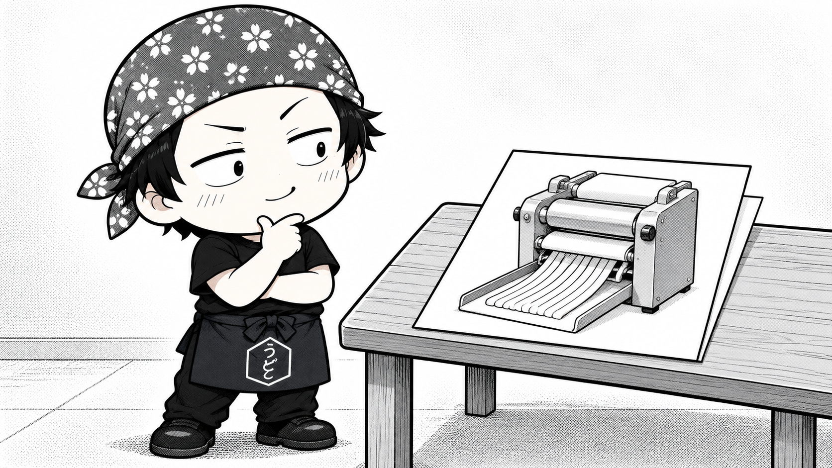 製麺機が描かれた資料を眺め、買い替えを検討するうどん店長の白黒イラスト。
