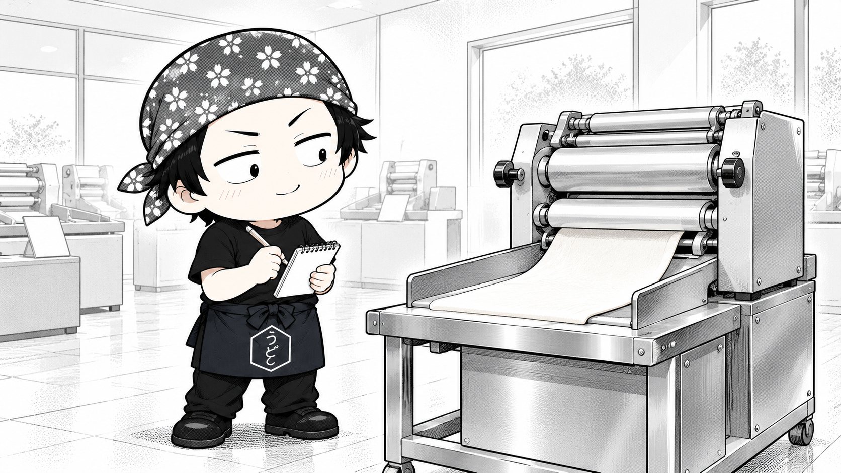 メモ帳を手に製麺機を見学するうどん店長の白黒イラスト
