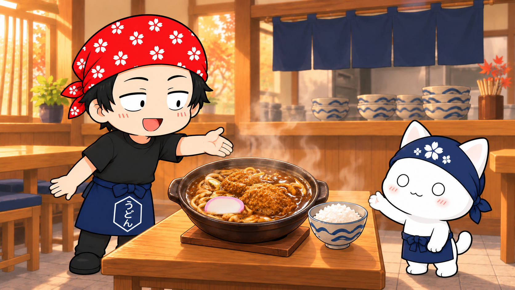うどん店長とバイト猫が、湯気の立つ元祖カレー煮込みと白米を紹介するイラスト。