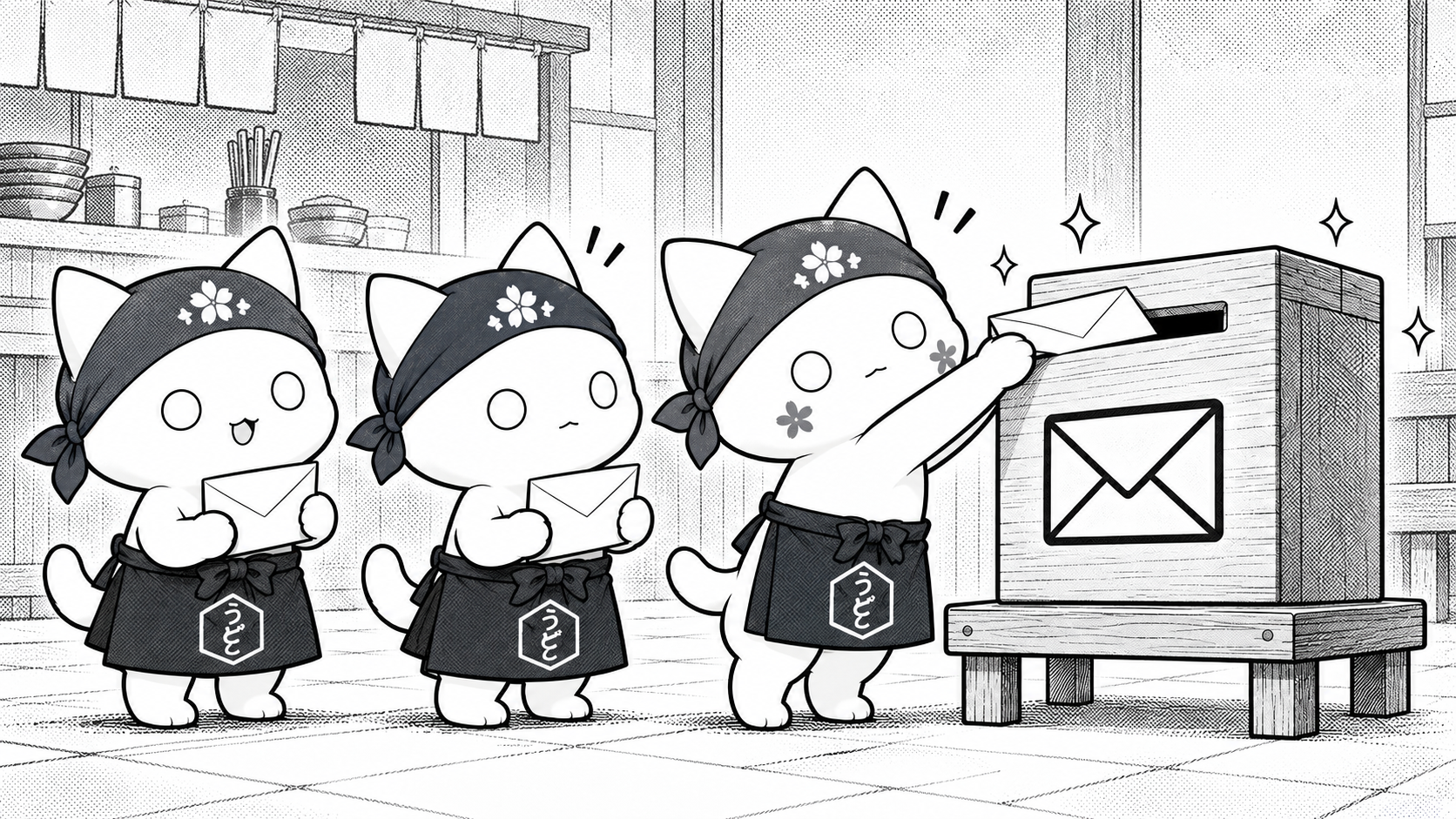3匹のバイト猫が封筒を持って一列に並び、先頭の猫がおたより箱へ手紙を入れる白黒イラスト。